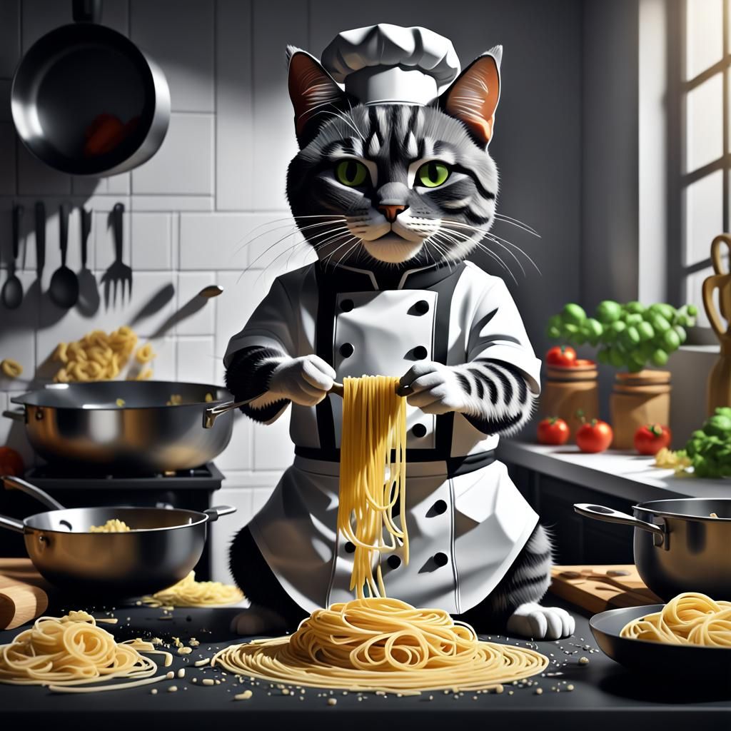 Low Poly Chef Cat Making Pasta