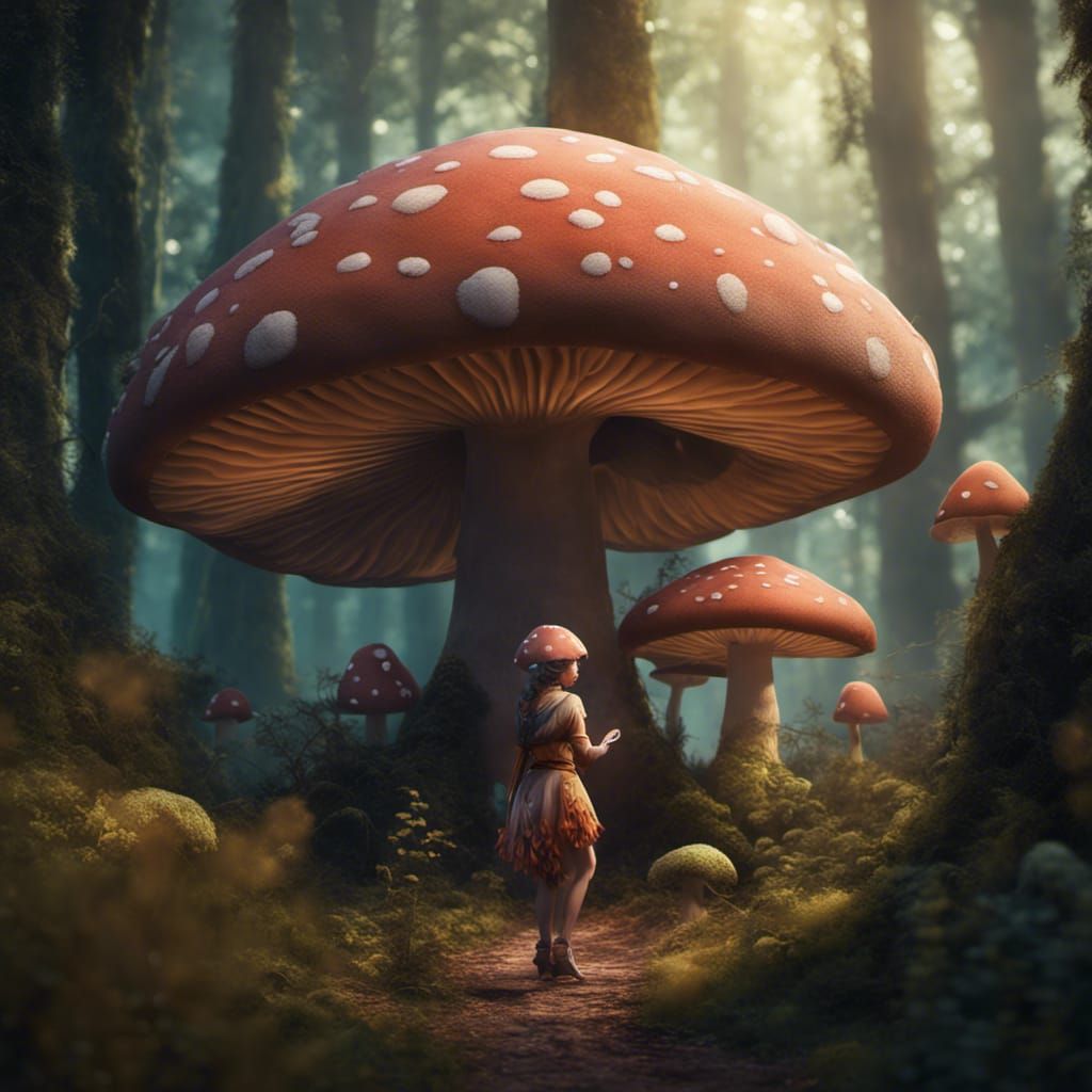 Cute Mushroom Lady in Forest, Fantasy Concept Art