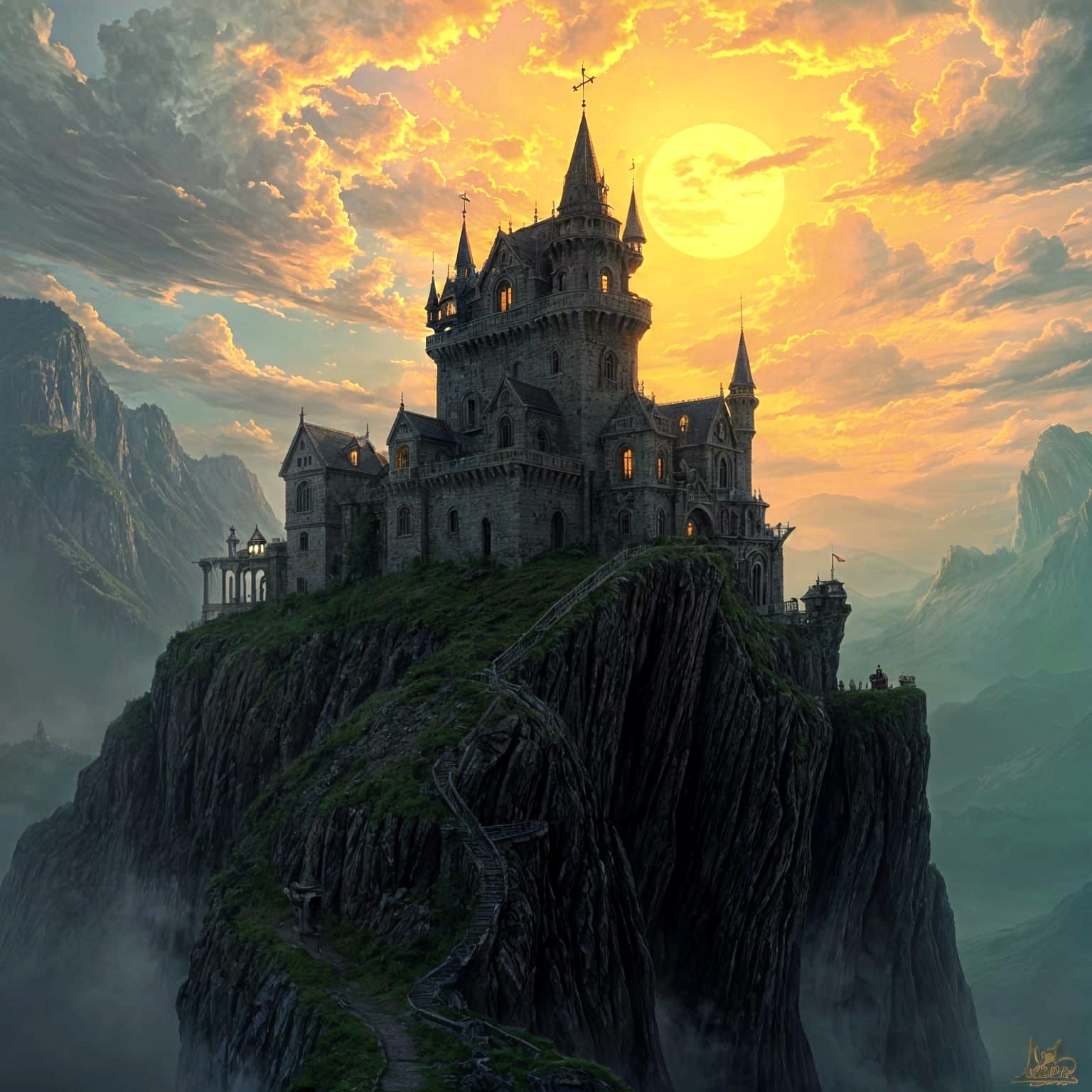 Eerie Haunted Castle Sunset: Fantasy Matte Painting