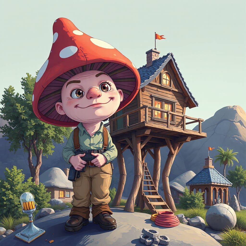 A crazy wacky-faced anthropomorphic mushroom construction wo...