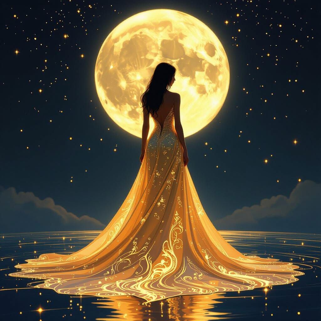 Woman in Liquid Gold Dress Under Radiant Moon