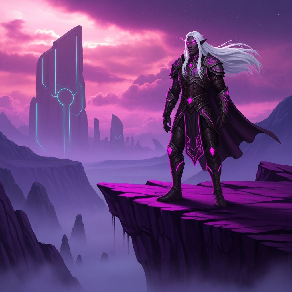 Elf Man on Purple Cliff with Pink Eyes