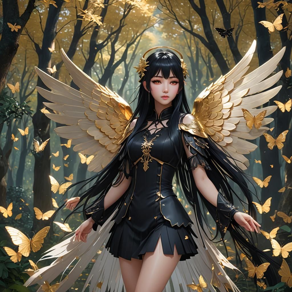 Anime Girl with Angel Wings in Magical Forest