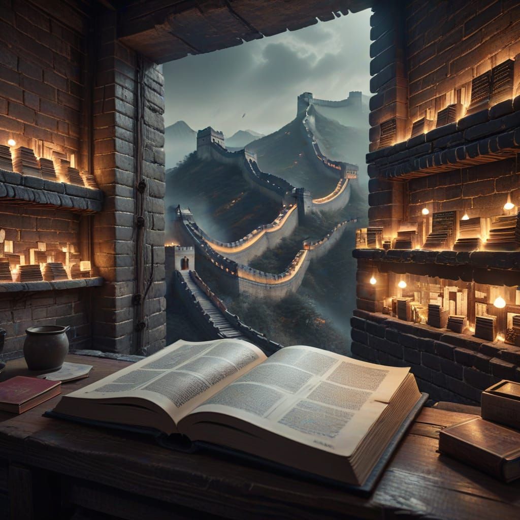 Great Wall Book Fair with Projected Books in Ink Art Style