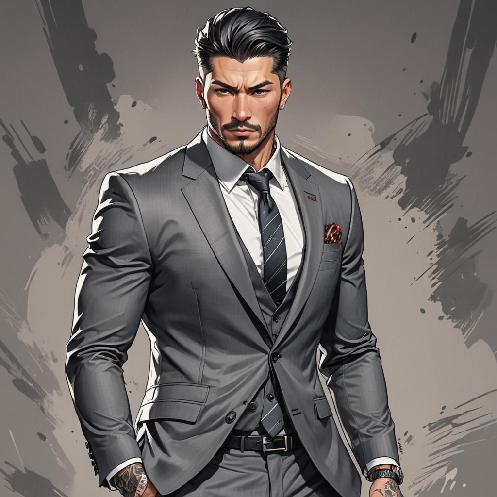 Confident Tattooed Man in Chic Suit: Anime Style