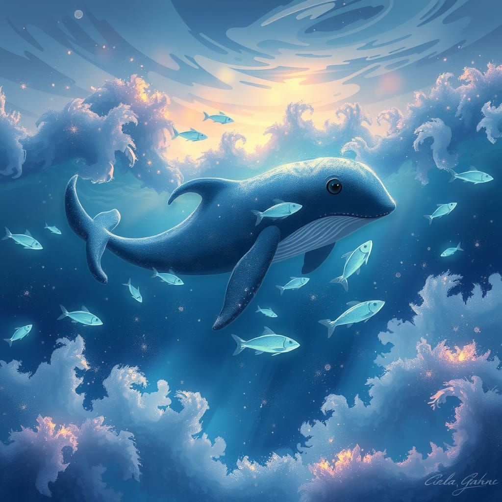 Bioluminescent Baby Whale in Ethereal Sea