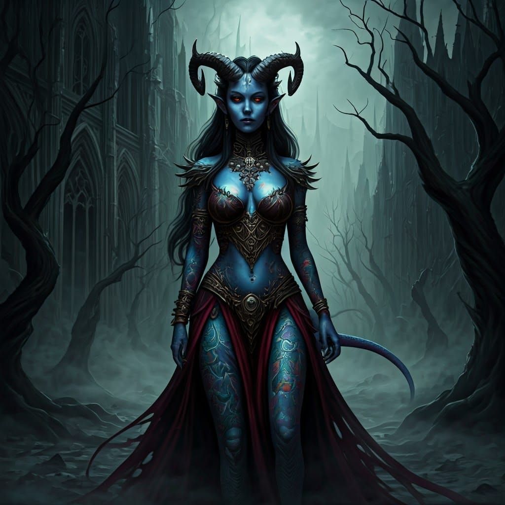 Blue Demon Woman in Gothic Cityscape