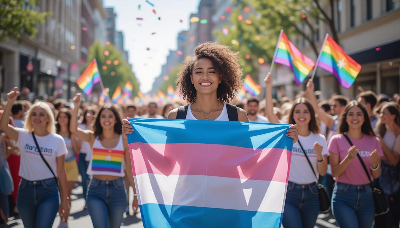 Joyful Trans Person at Pride Parade in Sunlight