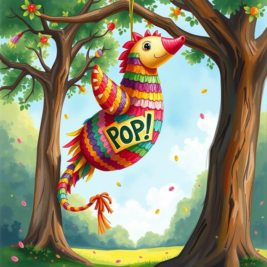 Weasel Piñata Bursting with Candy, Gouache Style