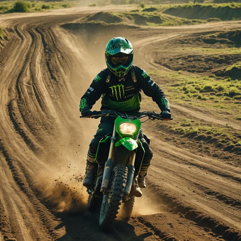 Dirt Biker on Kawasaki Racetrack at Golden Hour