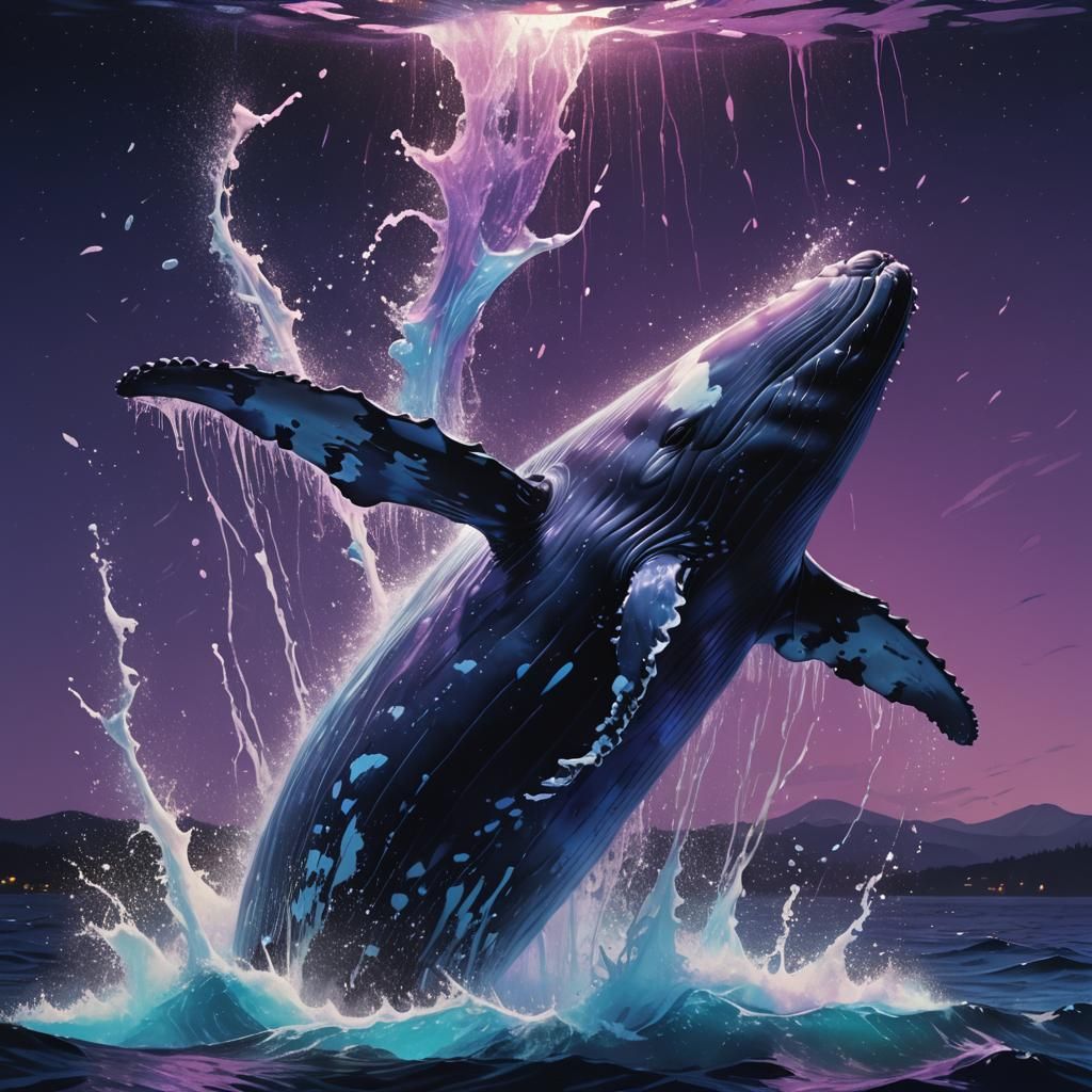 Bioluminescent Whale Leaping at Night: Hyperrealistic Splash...