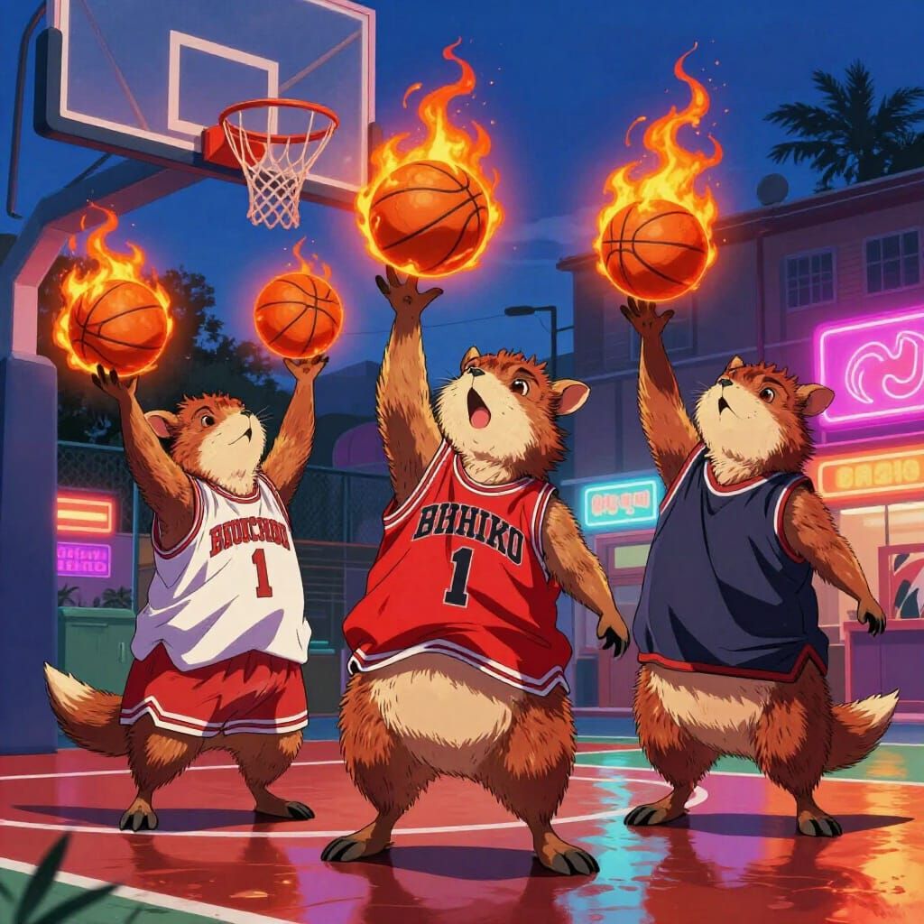 Wombats Play Fiery Basketball in Retro Anime Style