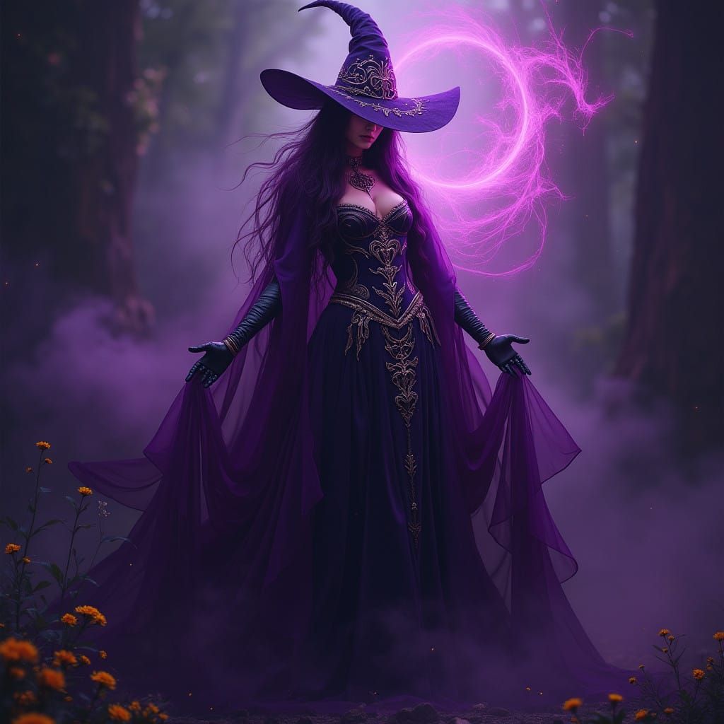 Mystical Witch Basks in Purple Aura Amidst Dark Fantasy Real...