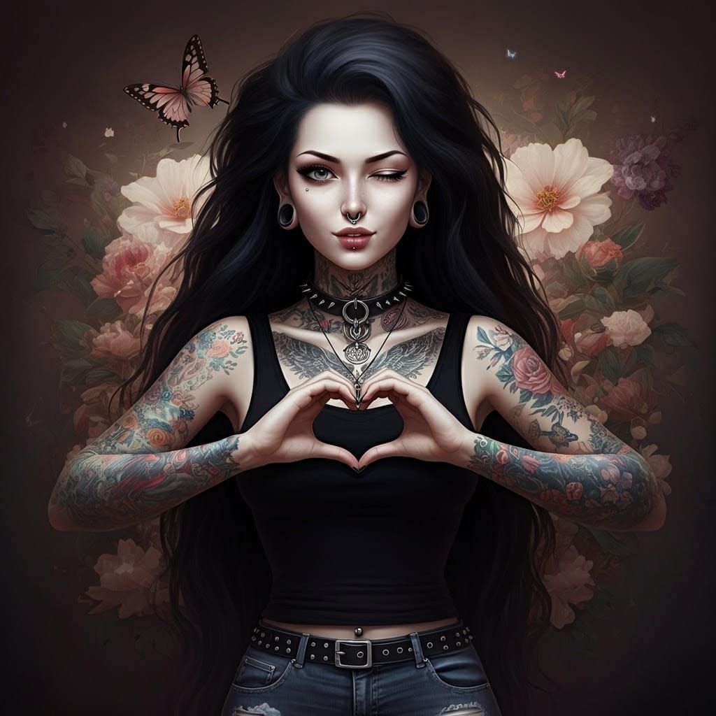 Gothic Woman in Vibrant Floral Landscape