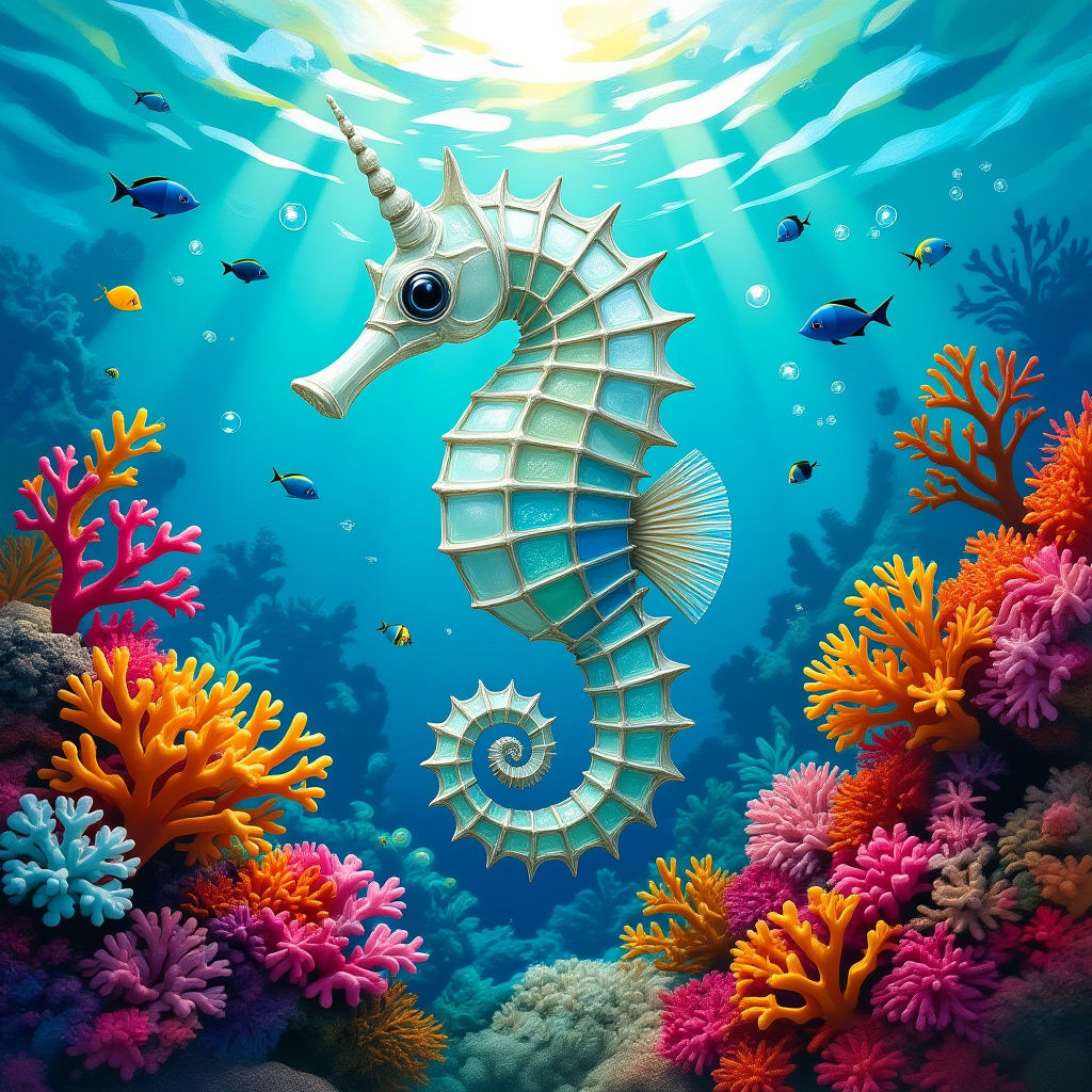 Multicolored Sea Glass Seahorse in Coral Reef