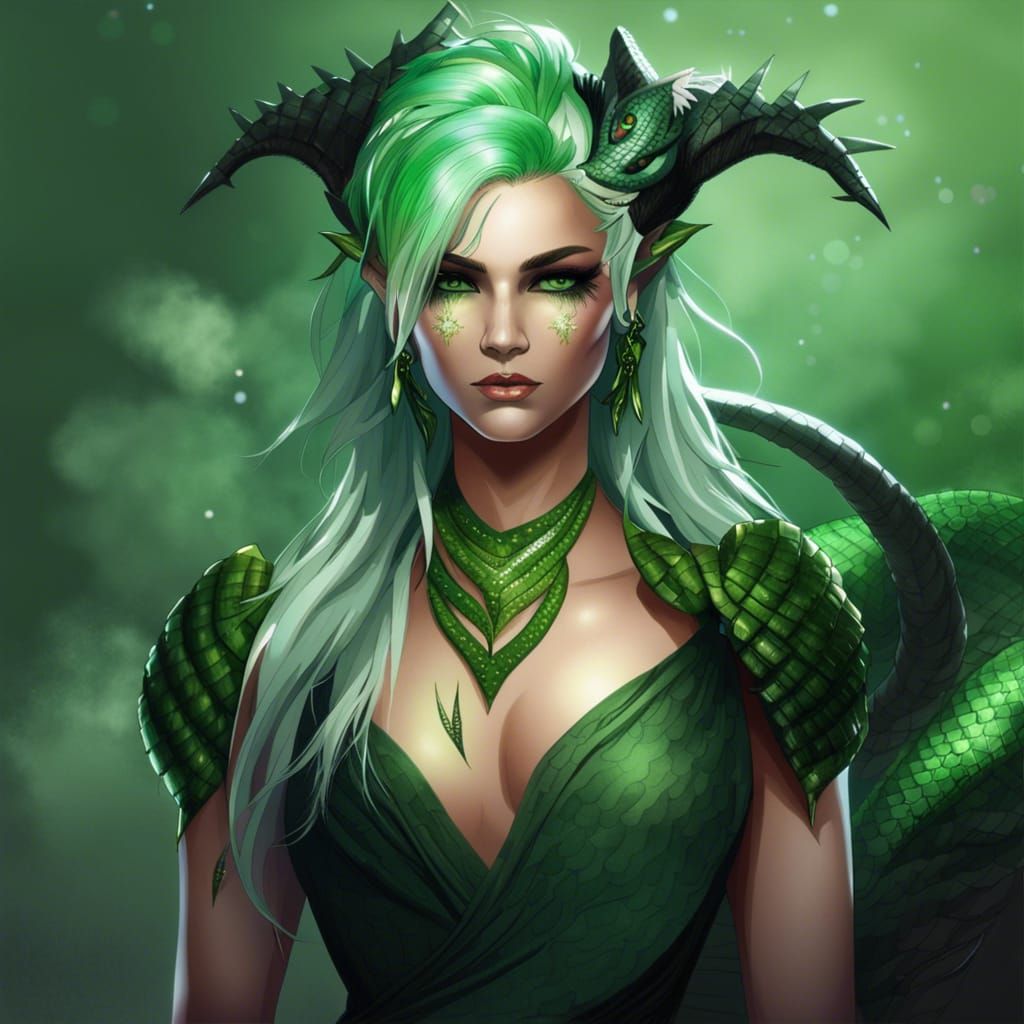 Dragon Woman with Green Hair and Lilies