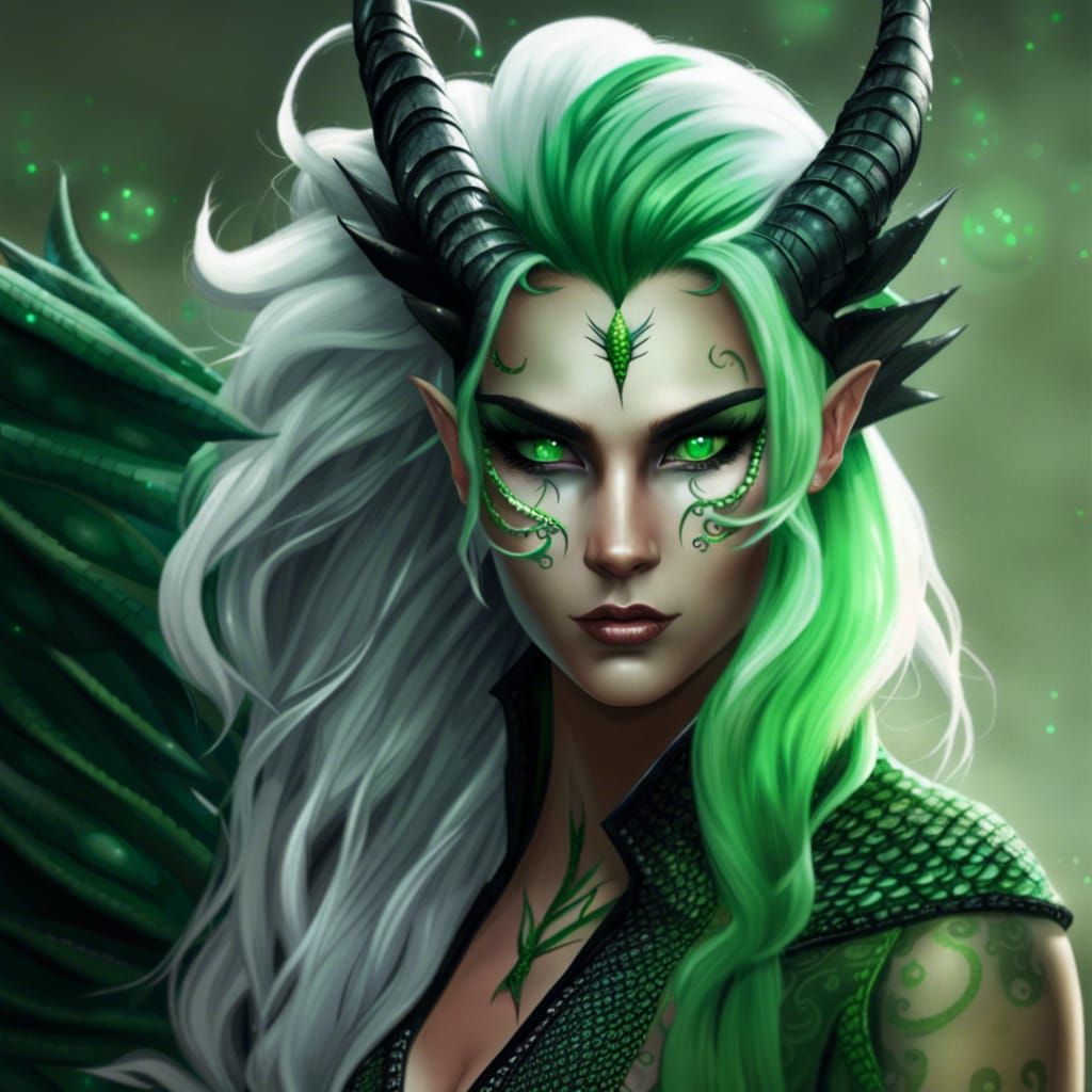 Green Dragon Woman with Lilies, Hyperrealistic Digital Art