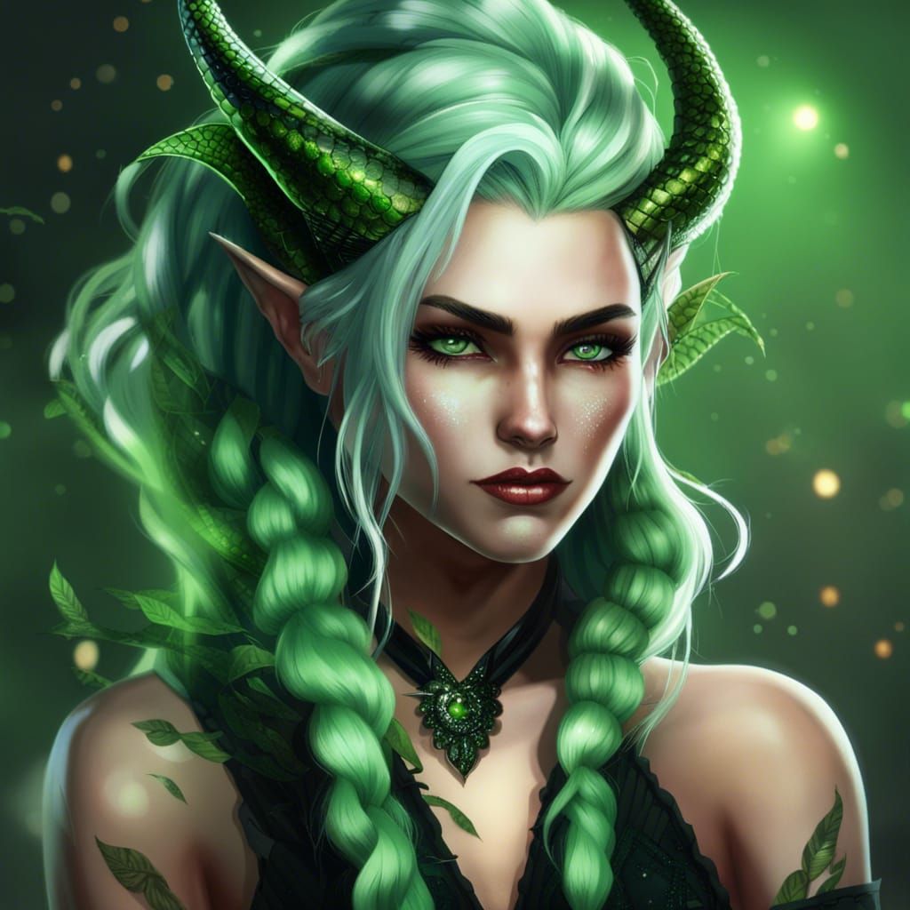 Green Dragon Woman with Lilies in Hyperrealistic Style