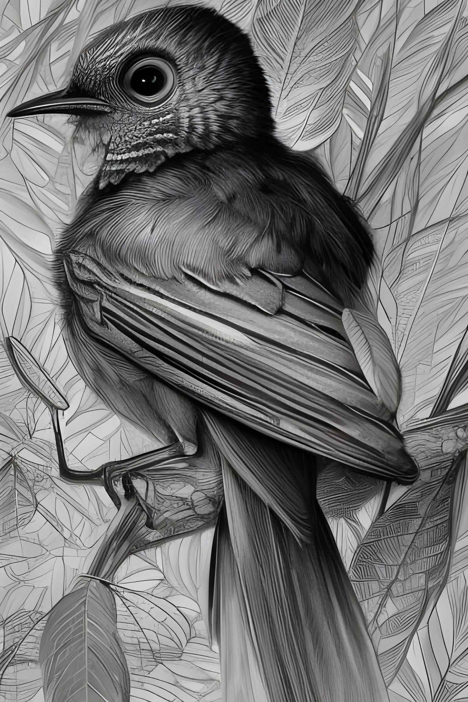 Hyperdetailed Pencil Drawing of a Bird in Foliage