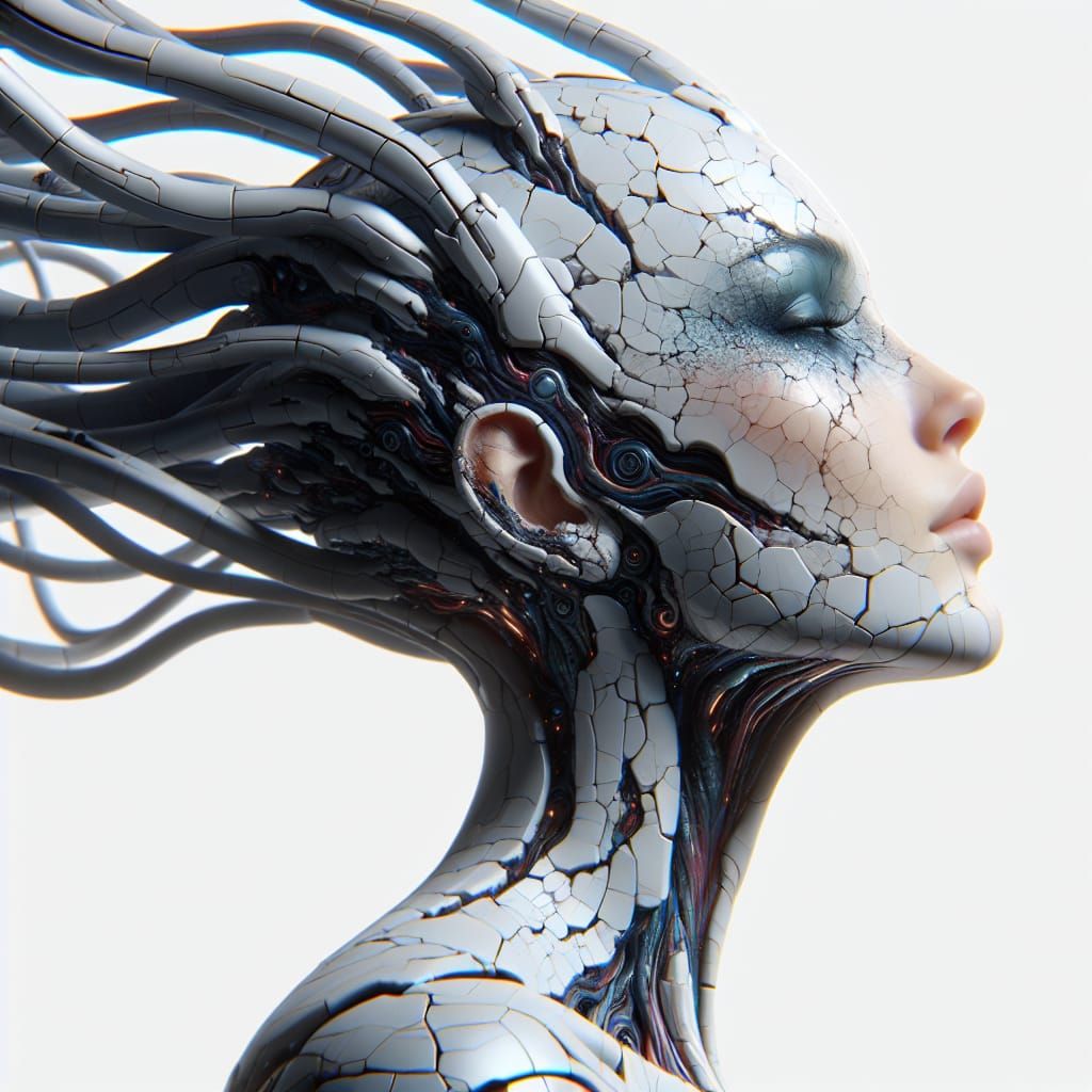 Cybernetic Woman with Cracked Marble Skin in Futuristic Styl...