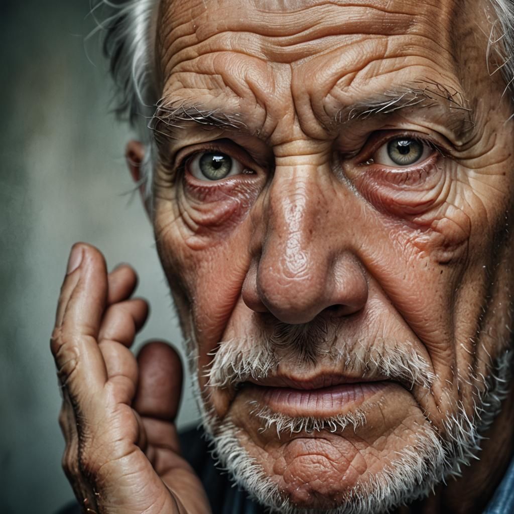 Soulful Portrait of Old Man Clutching His Eyes