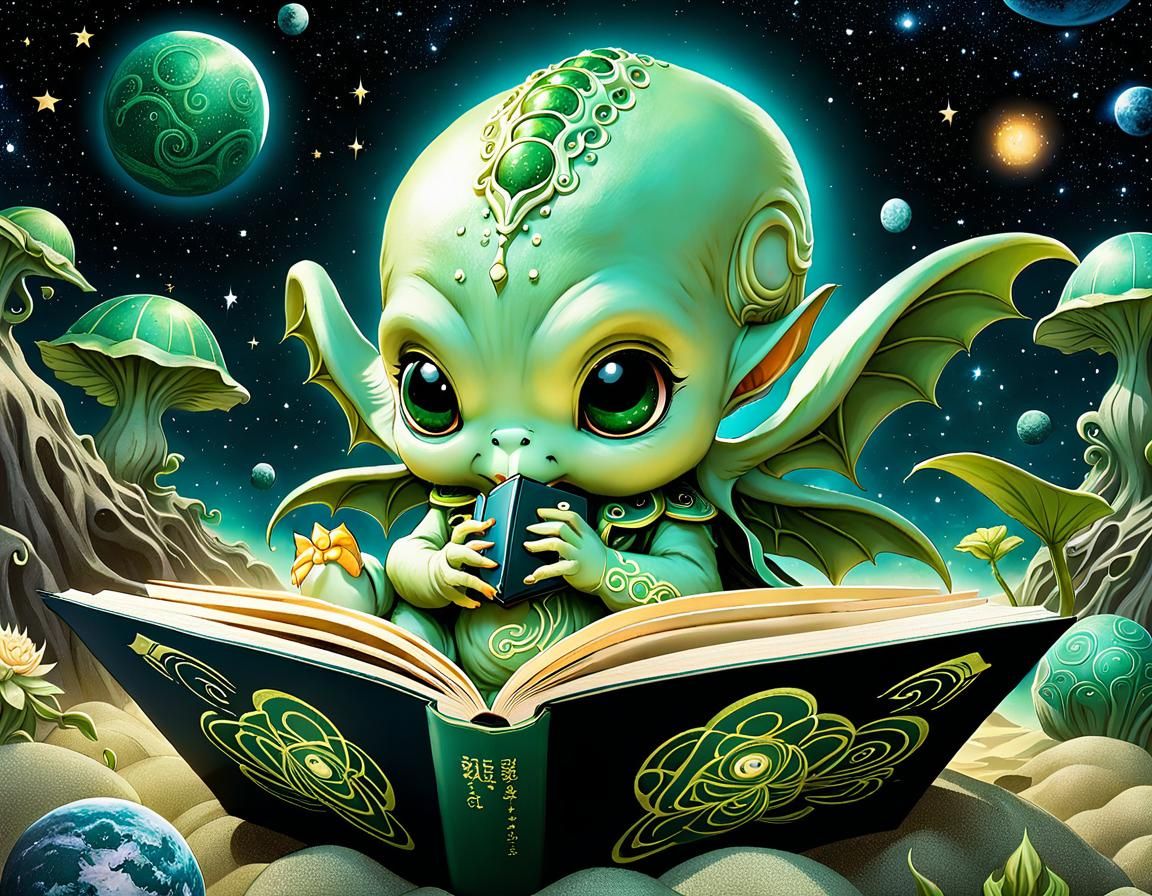 Adorable Chibi Cthulhu Reads ABC Book in Nursery