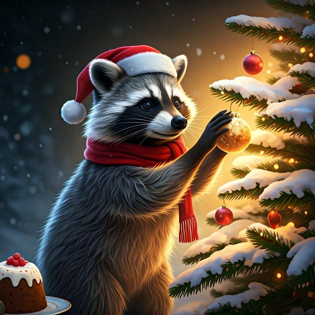 Christmas Raccoon Decorating Tree in Winter Wonderland