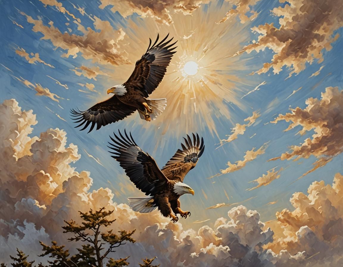 Eagles Flying Together in Oil Painting Style