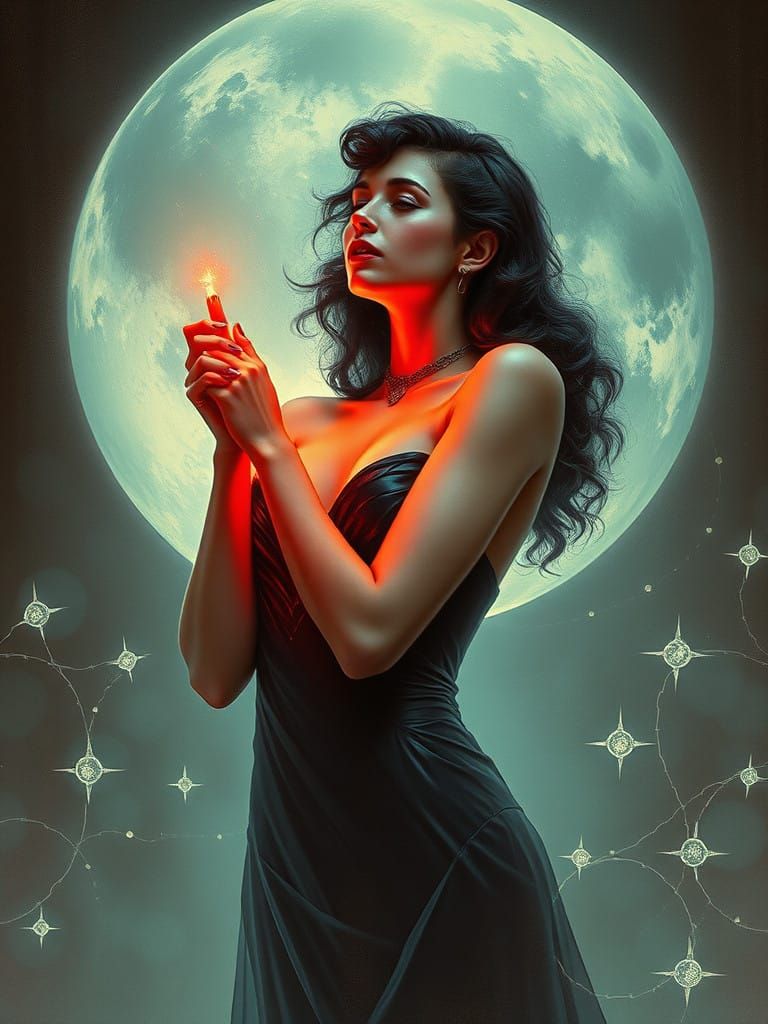 ((Holographic Vaporwave Glitch:1.6)), L.C Leyendecker painting gothic_vampiress  glass_orb