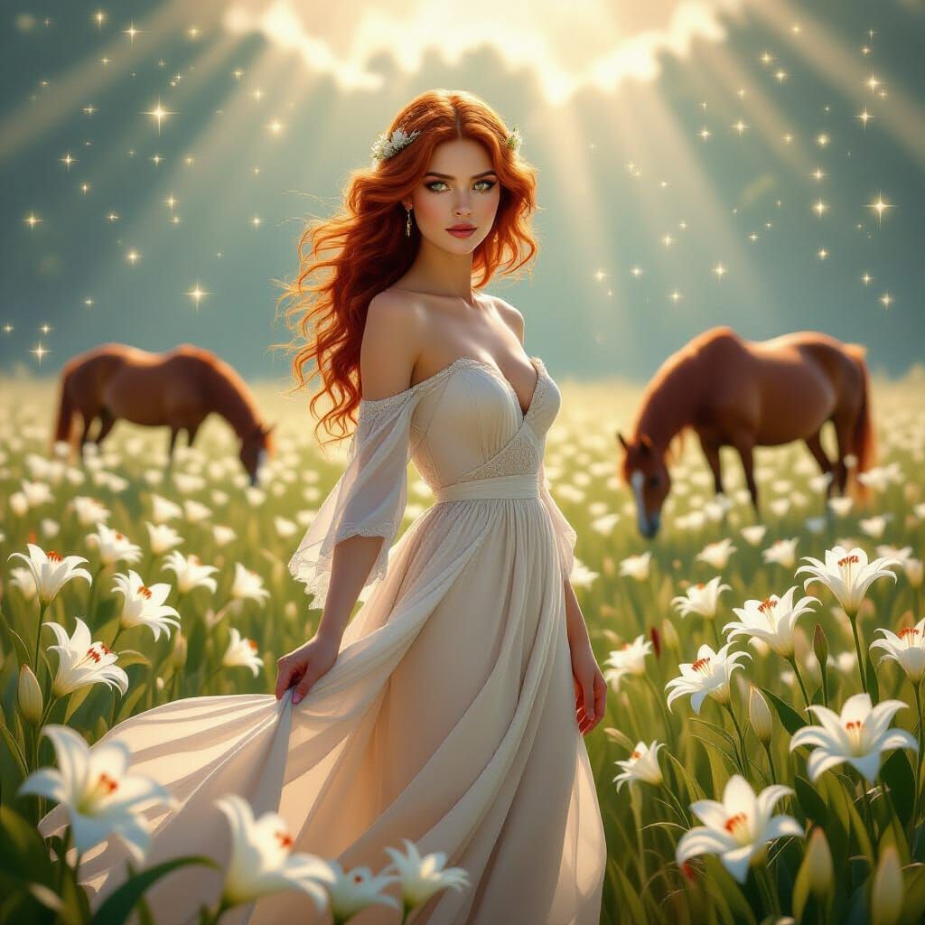 Red-Haired Woman in Lily Field with Horses