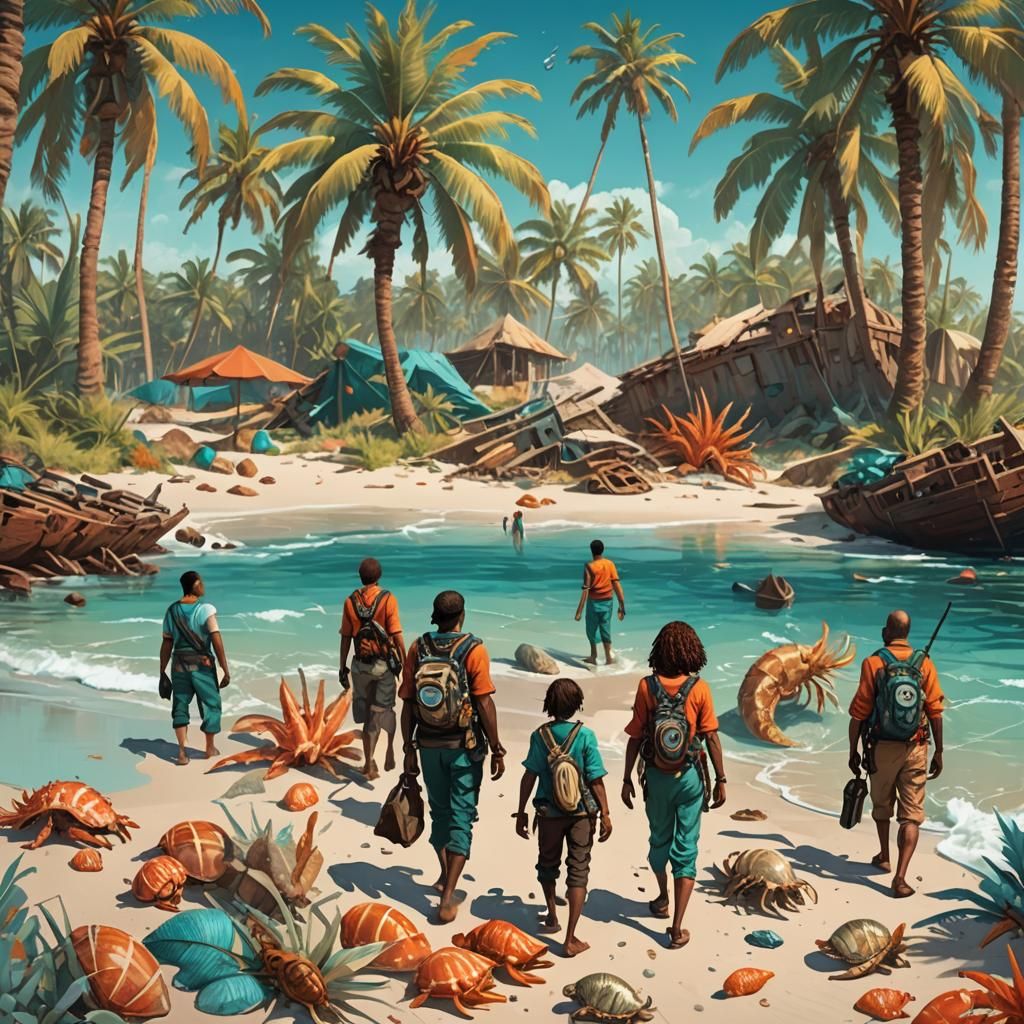 Shipwreck Survivors on a Vibrant Beach