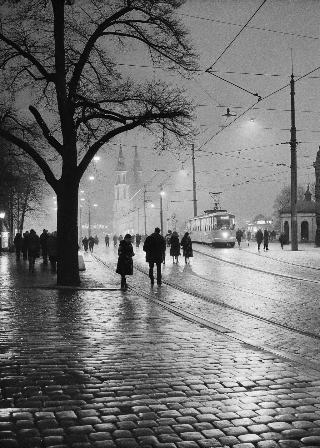 Nighttime Cityscape with Cobblestone Reflection