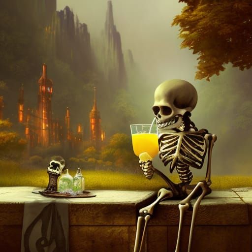 Skeleton Enjoys Lemonade: Detailed Matte Painting