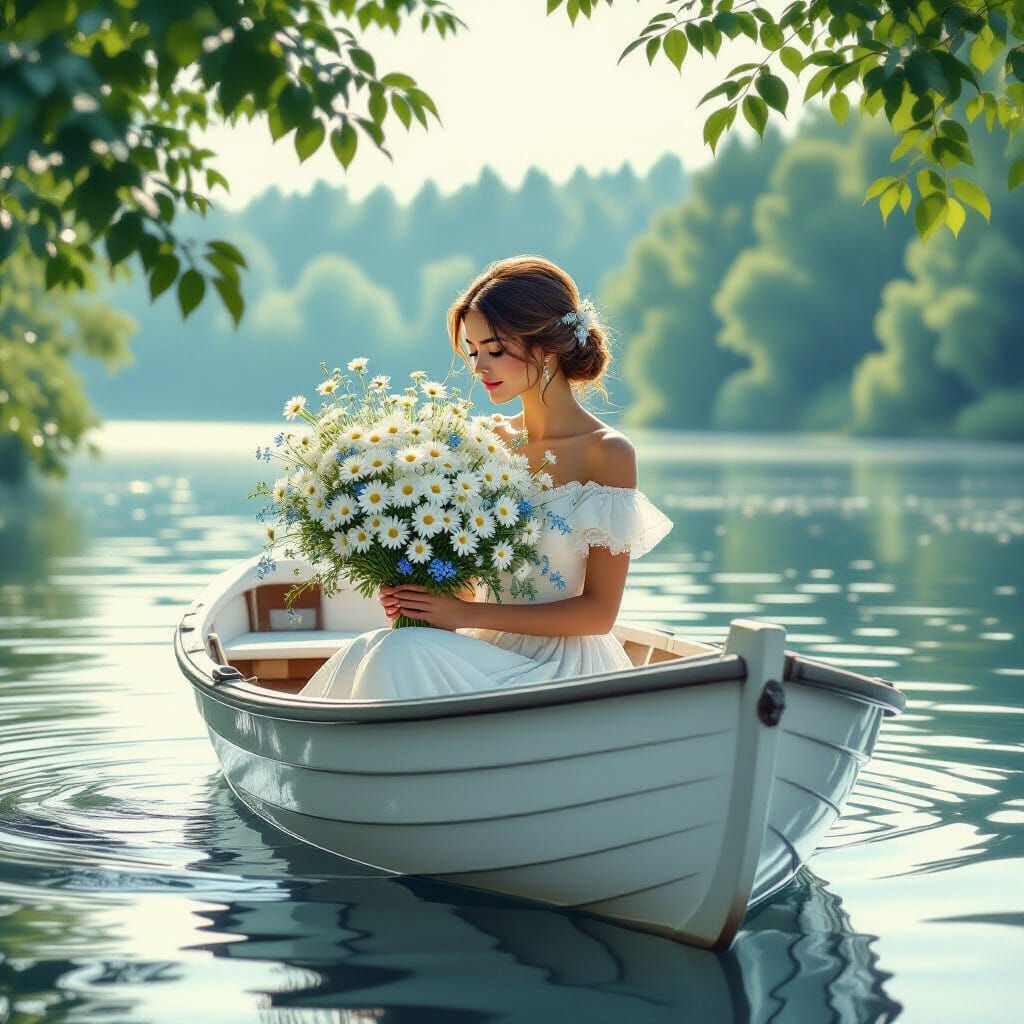 Woman in Boat with Flowers: 3D Digital Art