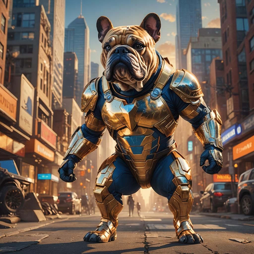 Bulldog Superhero in Glistening Armor: Cinematic Concept Art