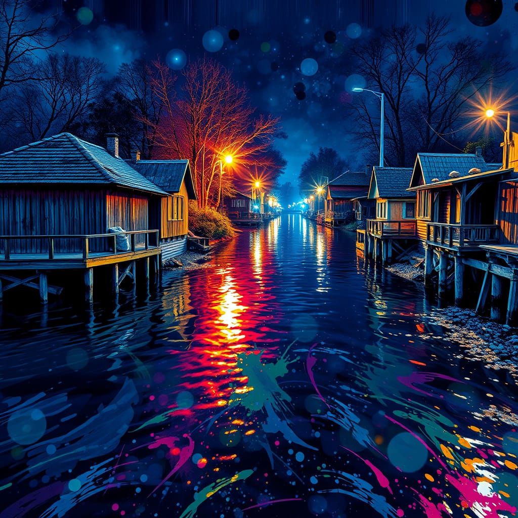 River Village at Night, in a Vibrant Street Art Style