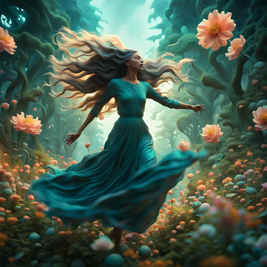 Woman Leaping with Flower in Surreal Forest Scene