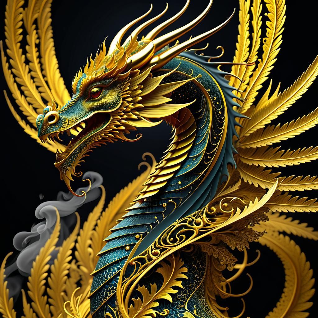 Goldenrod Dragon with Intricate Filigree in Gothic Art