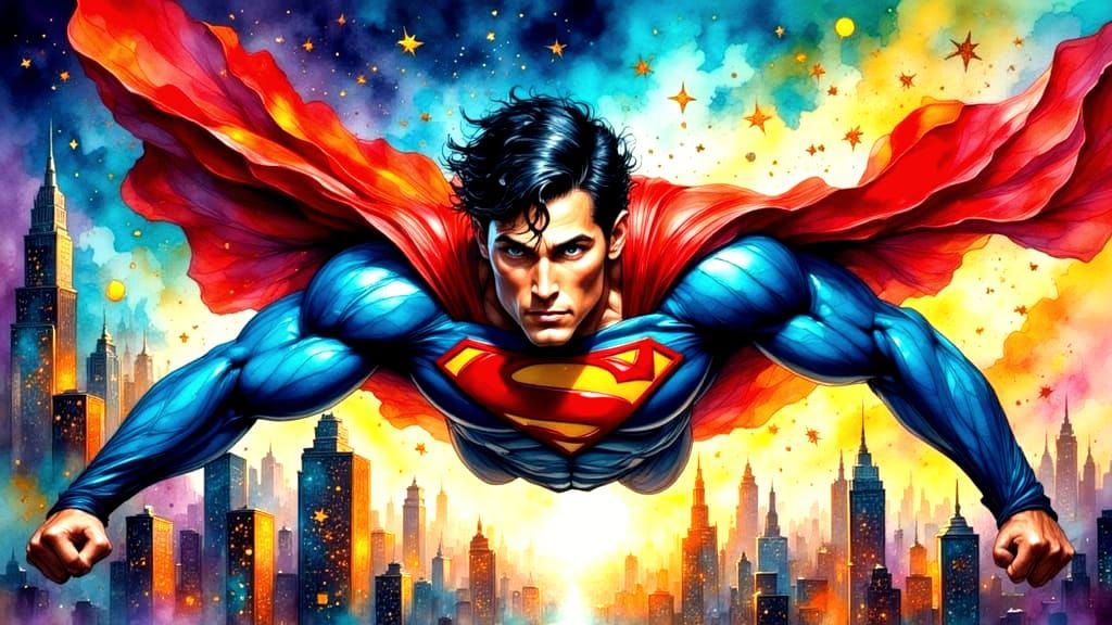 Superman Soars Over Metropolis in Dynamic Watercolor Style