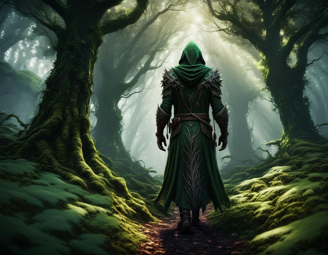 Hooded Druid in Lush Forest with Dark Aura