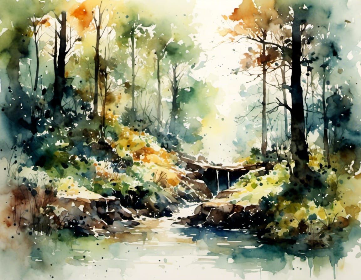 Watercolor Forest Well Silhouette