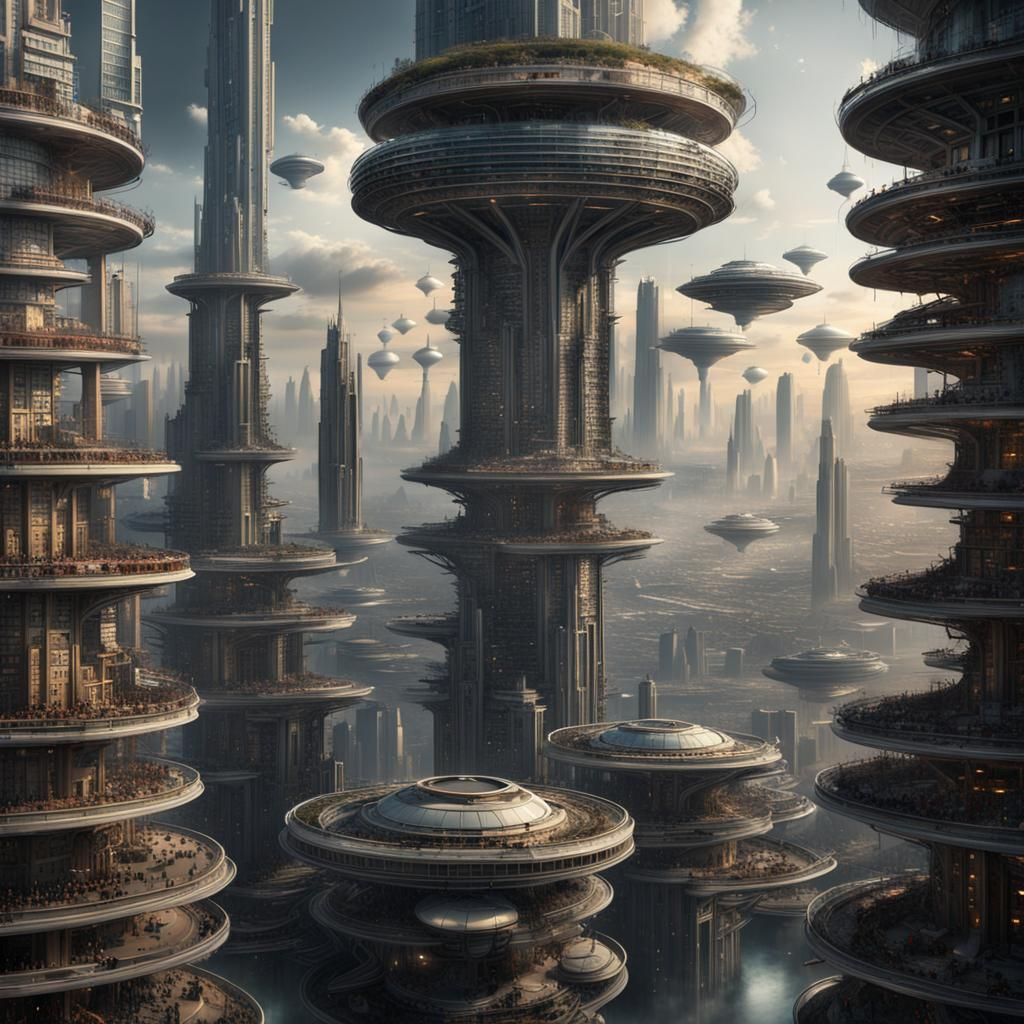 Futuristic Cityscape on Circular Plates: Digital Matte Paint...