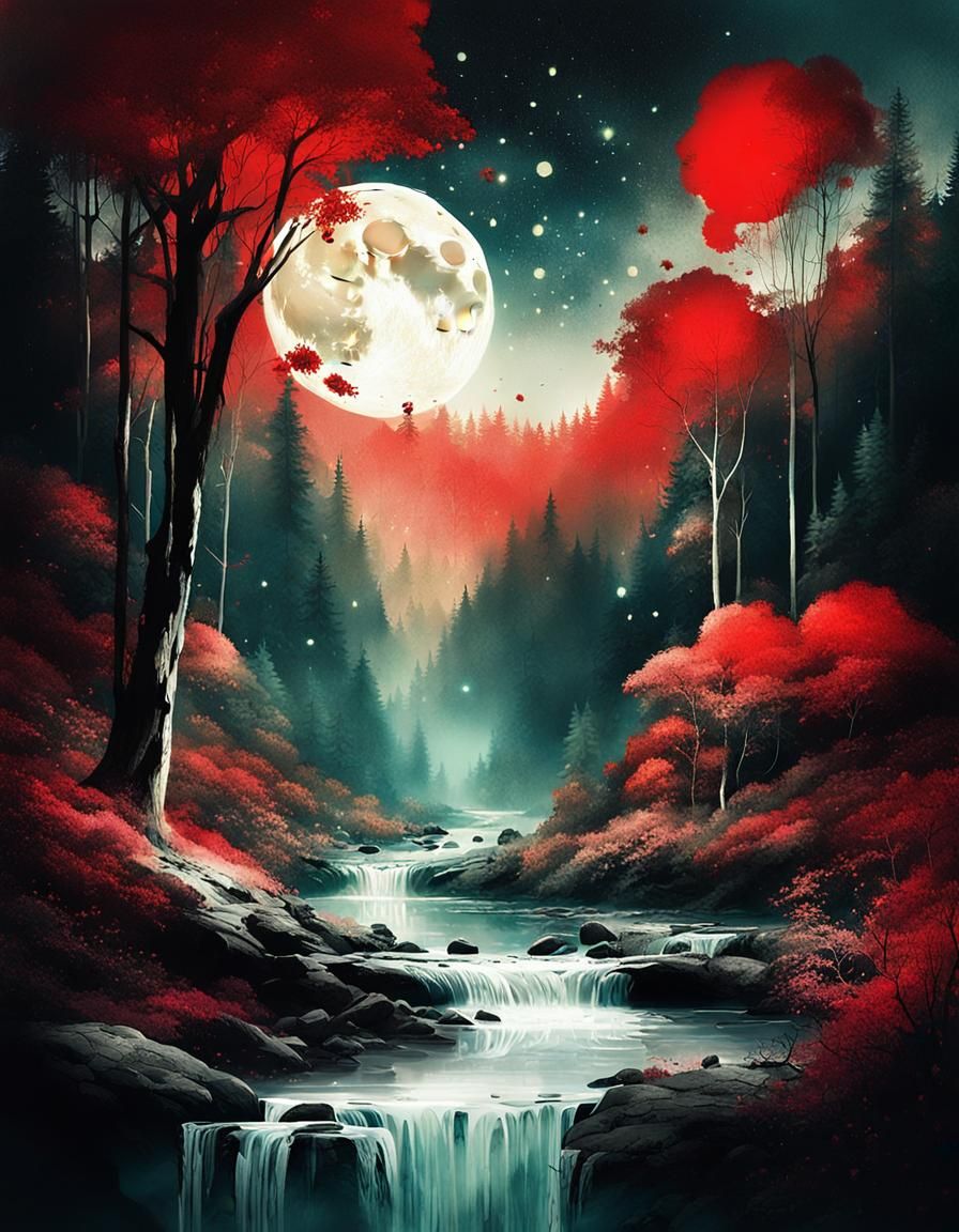 Moonlit Forest Landscape with Splatter Art