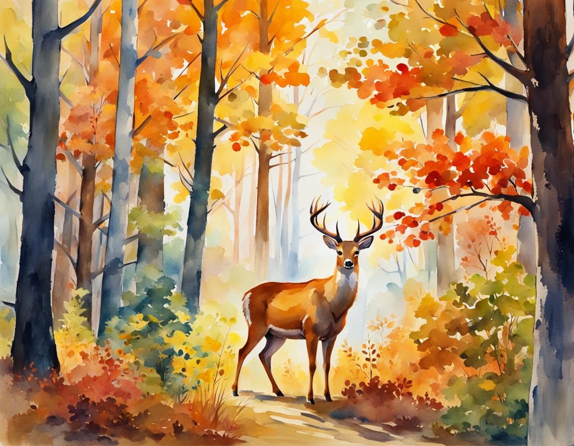 Autumn Forest Deer and Squirrels in Watercolor Style