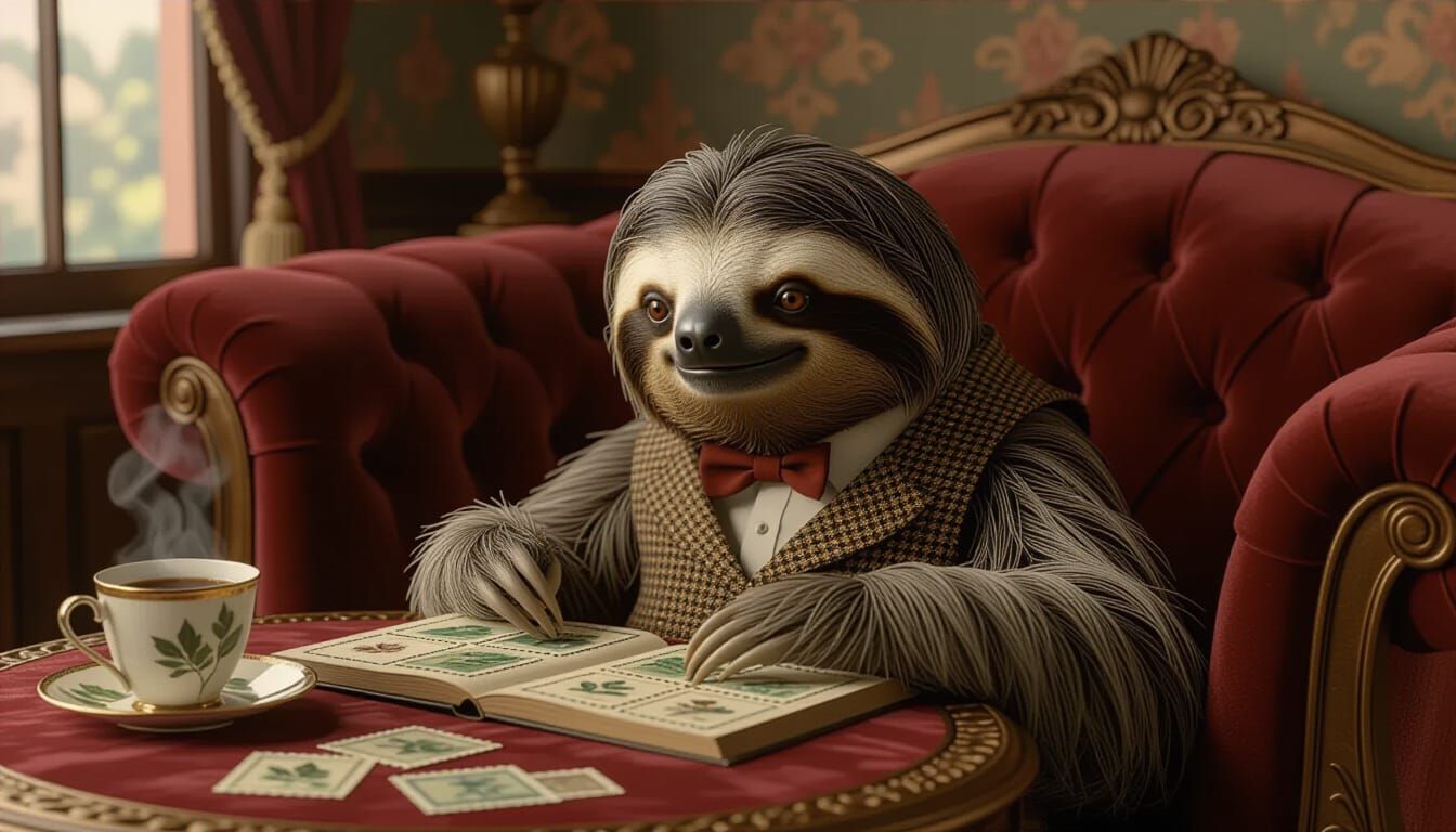 Surreal Sloth Arranges Stamps in Vintage Living Room