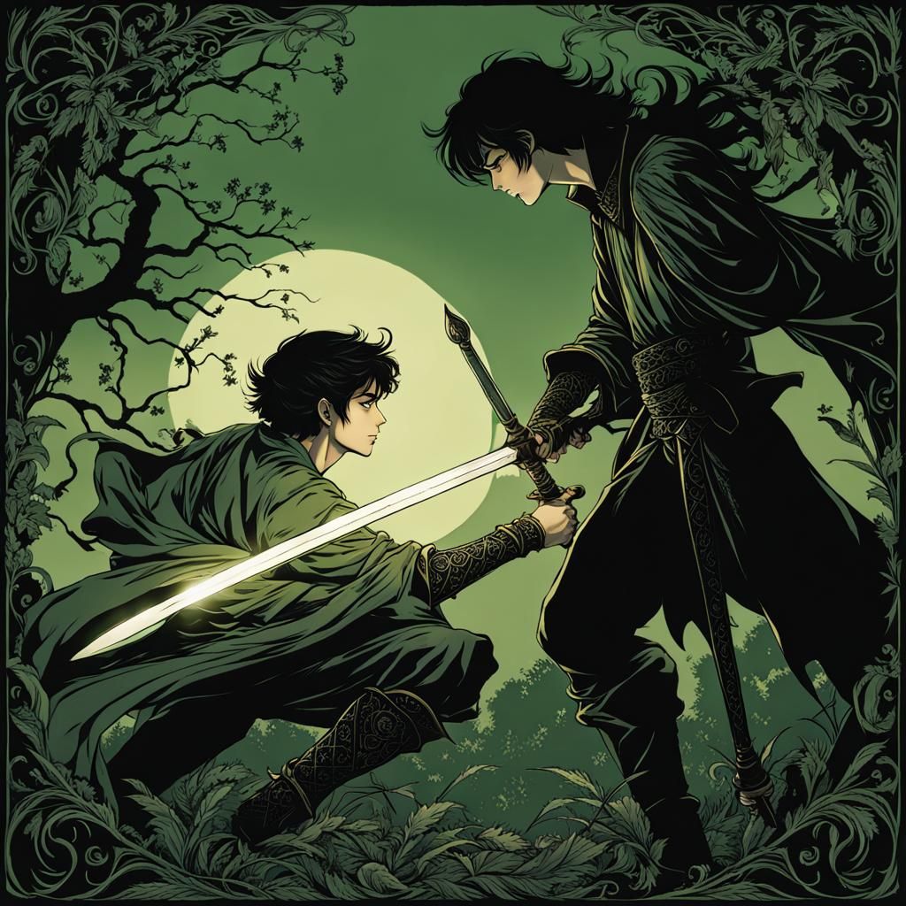 Fairytale Sword Fight in Anime Chiaroscuro Style