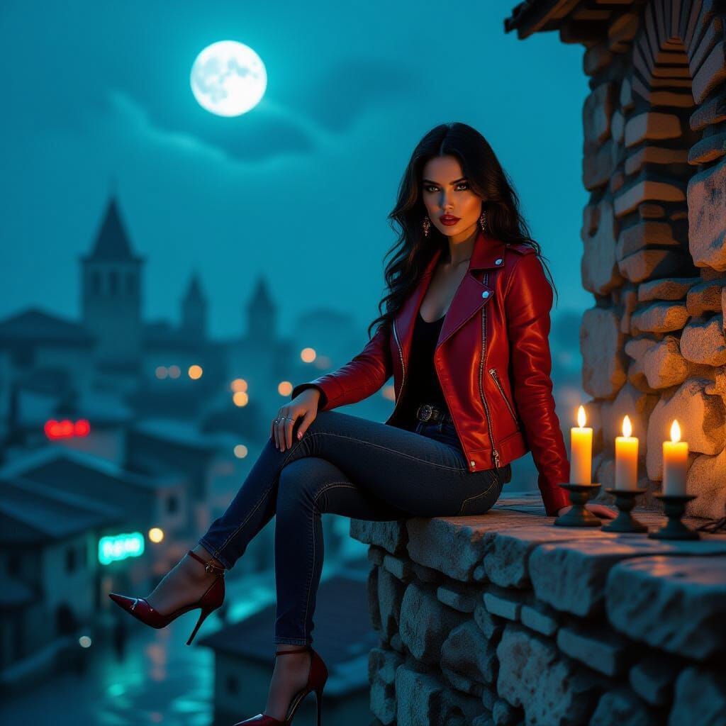 Balkan Vampire in Crimson Jacket on Bulgarian City Night