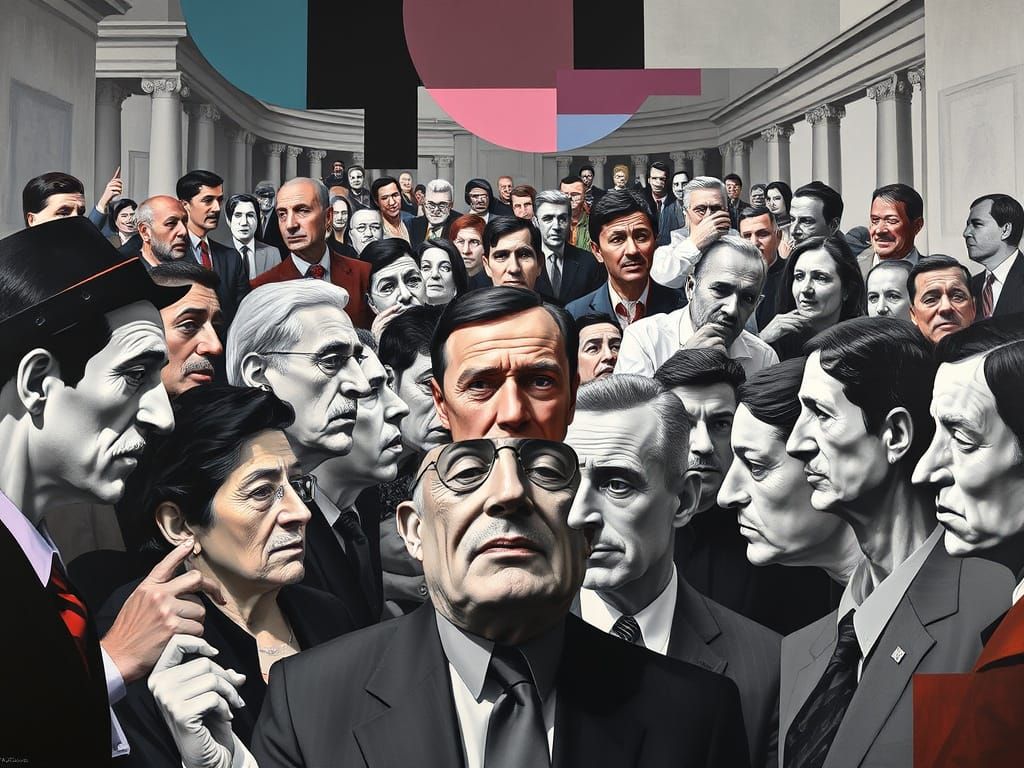 Cubist Parliament Scene in Vibrant Pastels