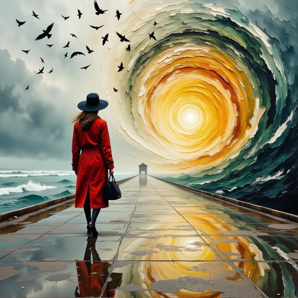 Figure Walks Towards Colorful Vortex on Reflective Pier