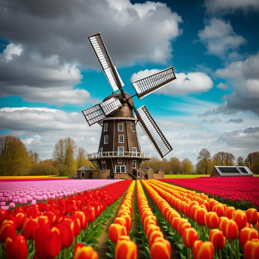 Steampunk Dutch Windmill Amidst Colorful Tulips